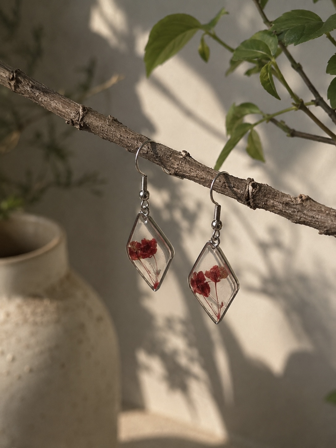 Crimson Baby’s Breath Diamond Drop Earrings